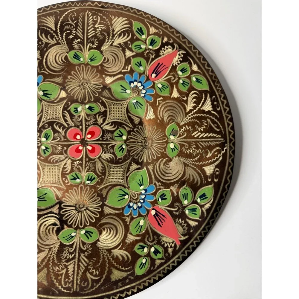 Vintage Turkish Hand Painted Copper Wall Plate 11.5